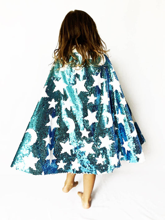 Ratatam! Cosmic costume cape with blue and white sequins