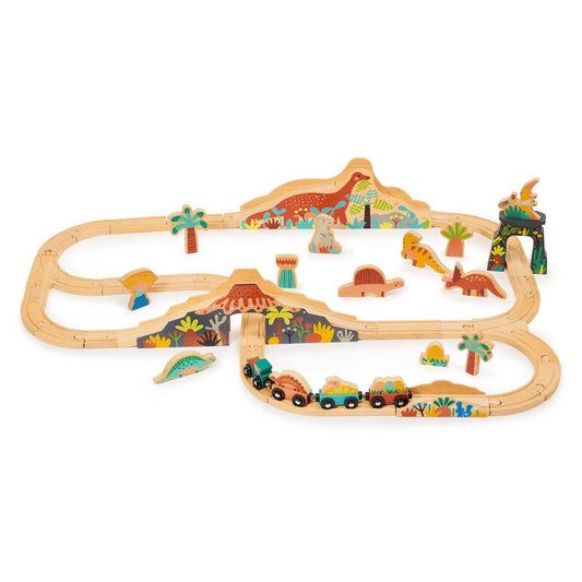 ThreadBear Tender Leaf Wooden Toy Lost World Dinosaur Railway Set For Kids